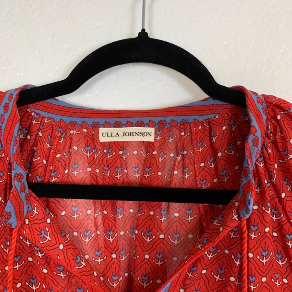 Ulla Johnson Silk Ruffle Top Blouse Womens Size 2 Red Floral Tassel Tie Sheer - Picture 2 of 14